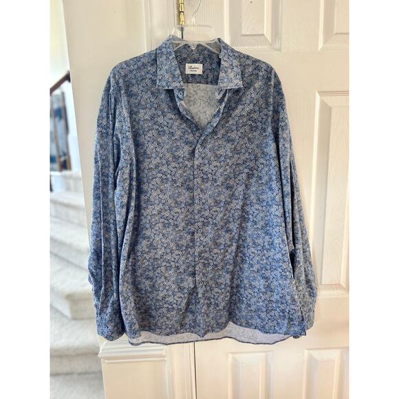 Stentroms Blue Grey Micro Floral Print Long Sleeve Collared Button Down Shirt - Picture 1 of 6
